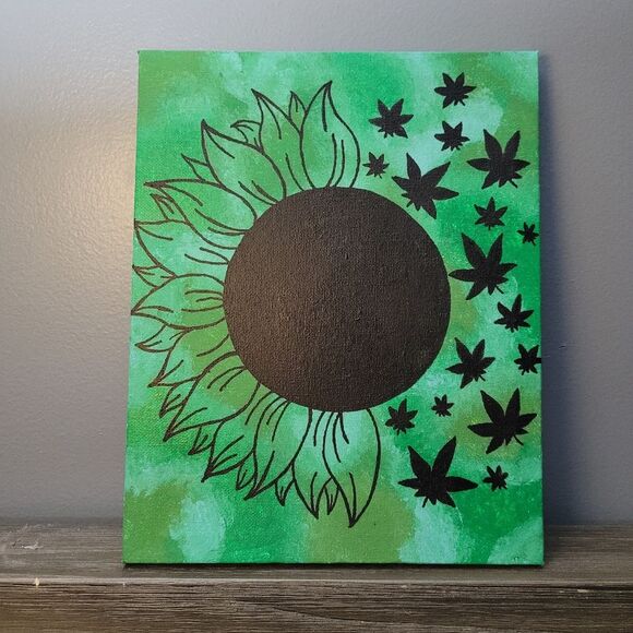 Handmade 8"x10" green black sunflower hippie cannabis painted canvas - Picture 1 of 1